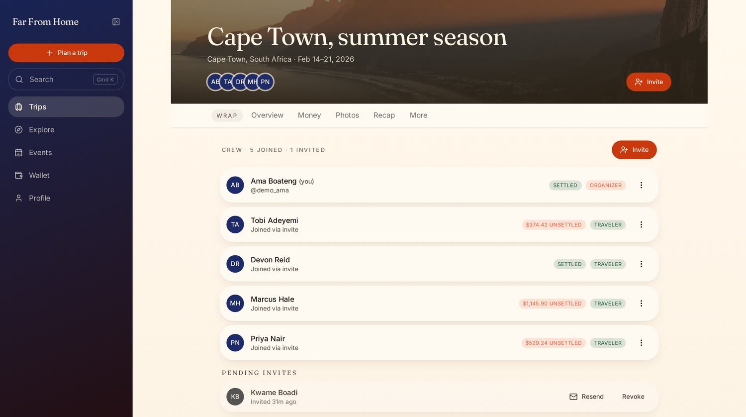 The crew list leading the page: five travellers, each showing whether they are settled or what they still owe, who the organiser is, and one invite still pending.