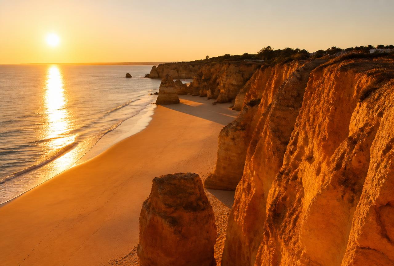 Ochre cliffs and empty sand at Praia da Rocha, Portimão, at golden hour