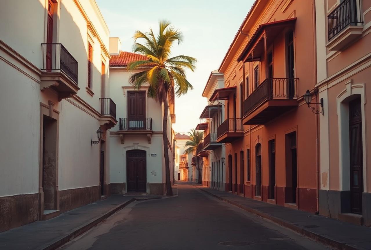 Empty colonial street in Barranquilla at golden hour