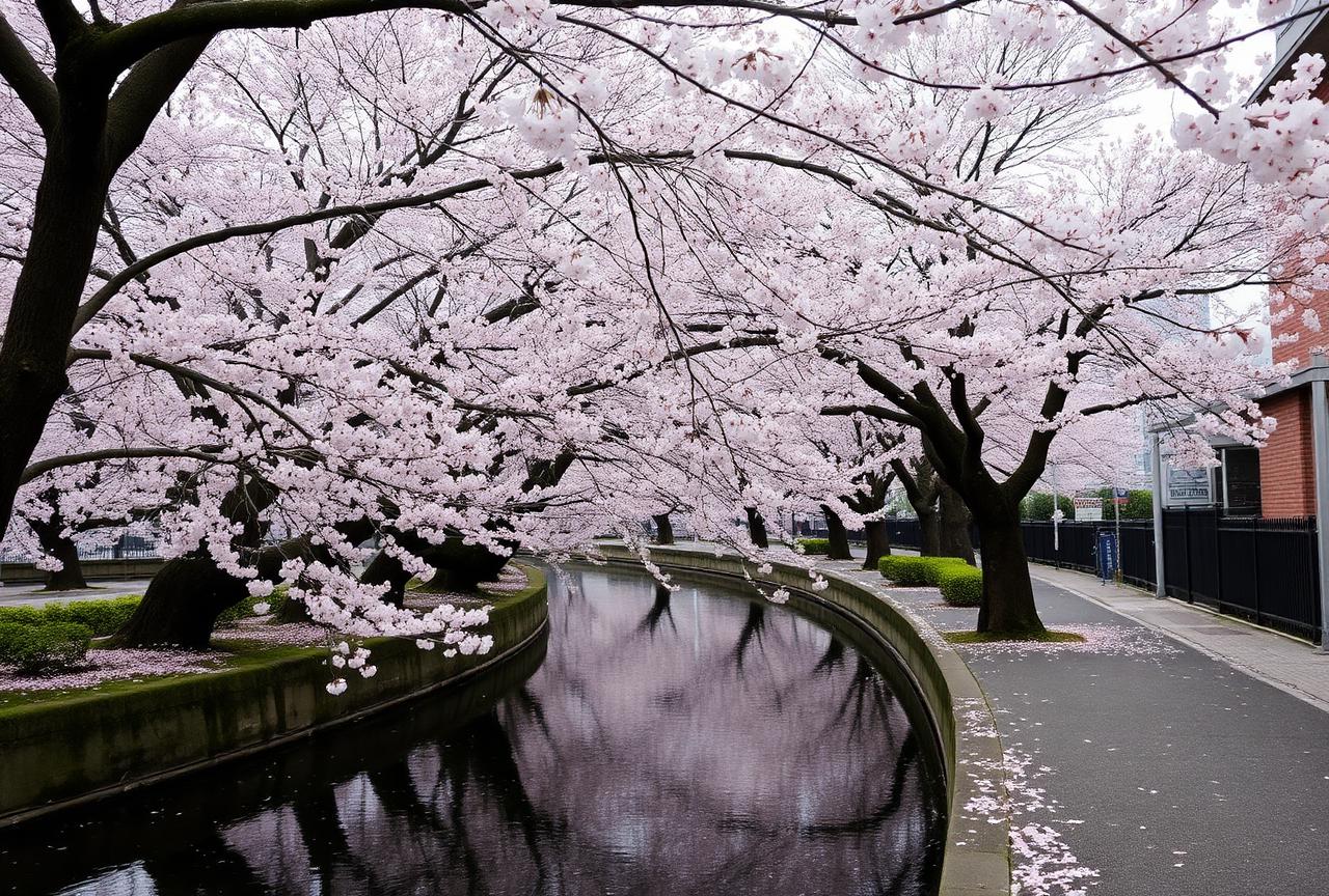 Cherry trees in bloom along a quiet Tokyo canal in early April