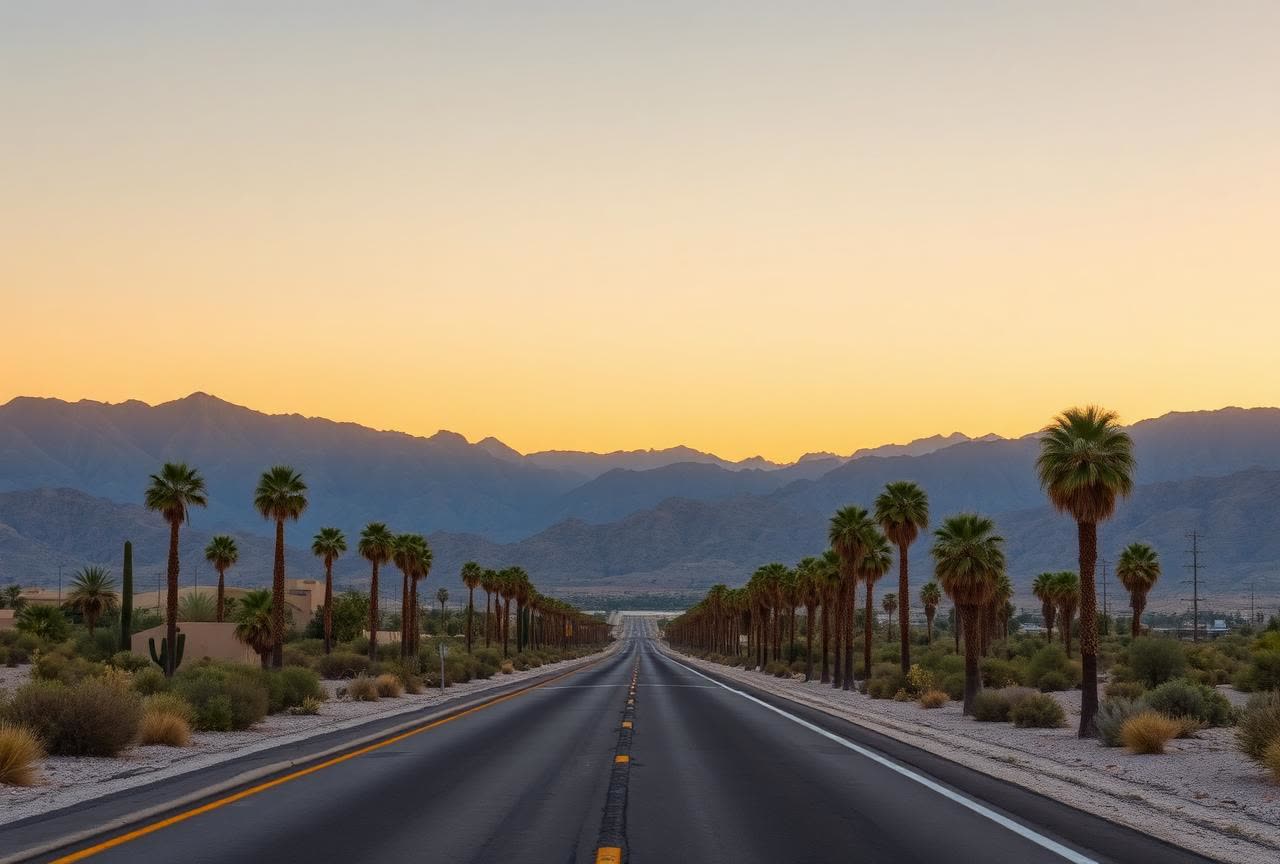 Empty desert road lined with palms in the Coachella Valley at sunrise