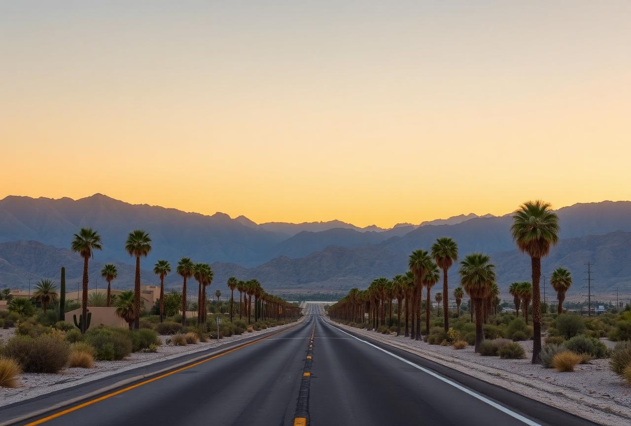 Empty desert road lined with palms in the Coachella Valley at sunrise