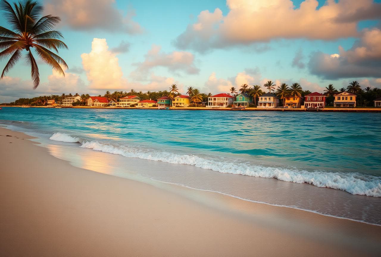 Empty Barbados shoreline with turquoise water at golden hour