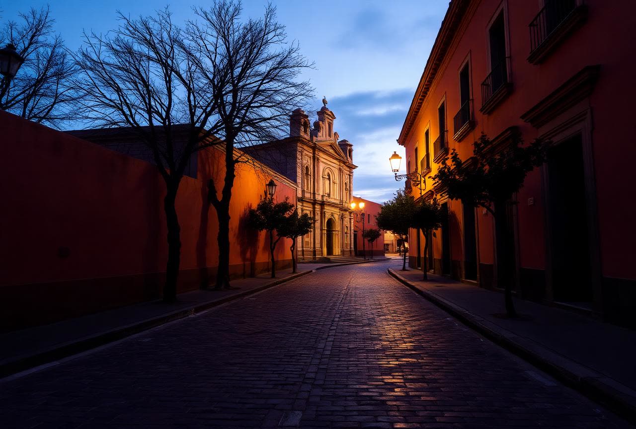 Empty cobbled Oaxaca street with ochre walls and a stone church at dusk