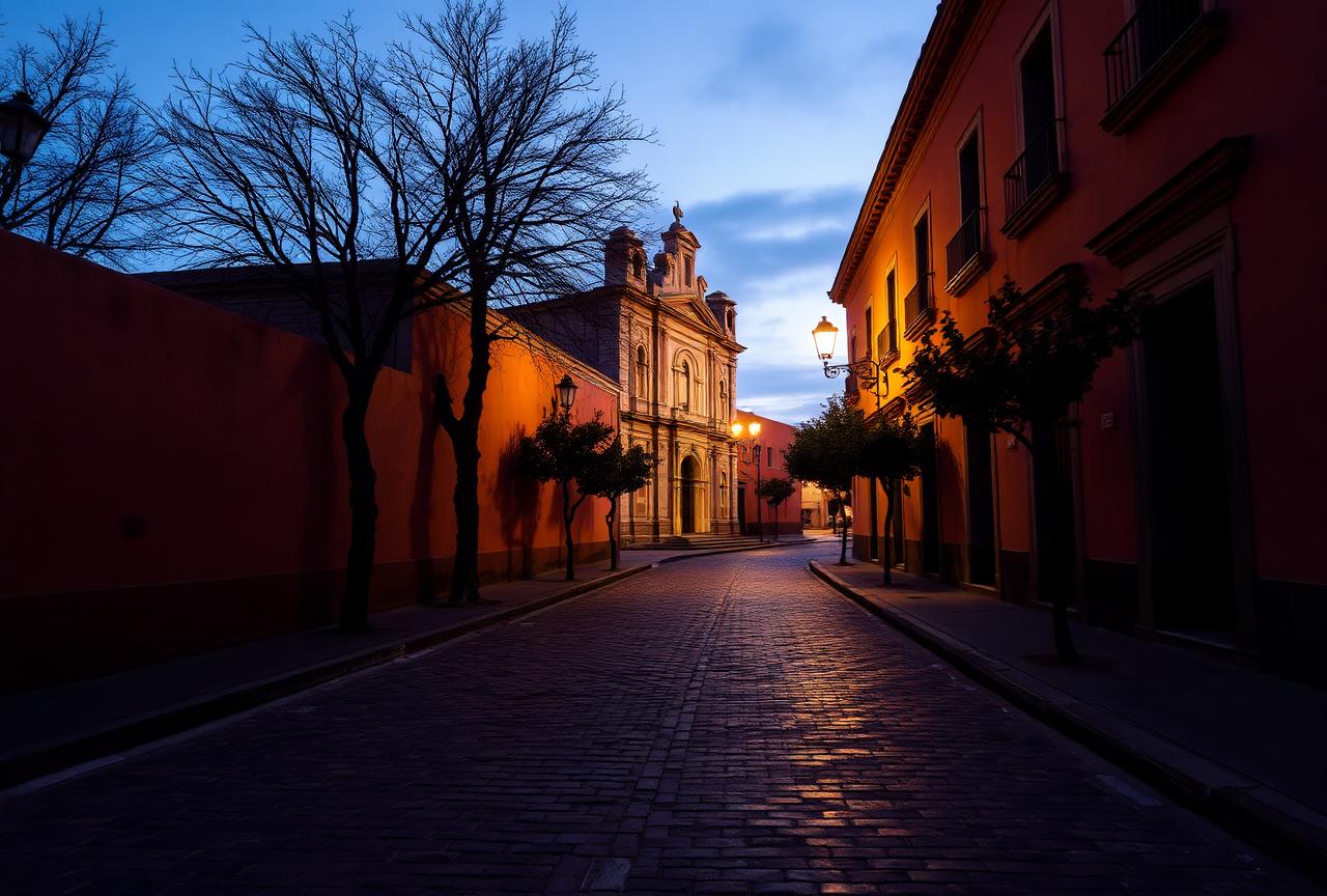 Empty cobbled Oaxaca street with ochre walls and a stone church at dusk