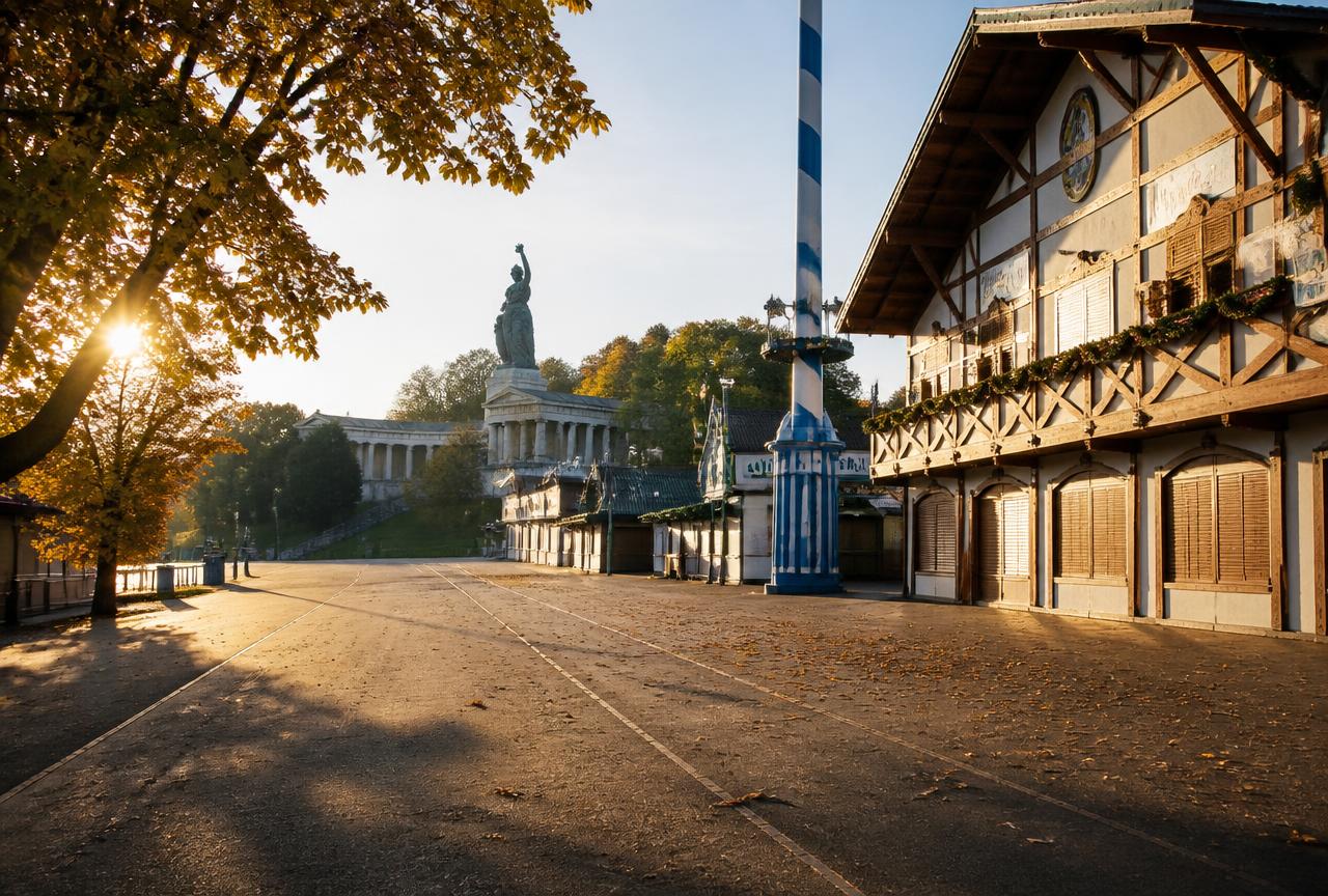 Empty Theresienwiese grounds in Munich in early autumn light
