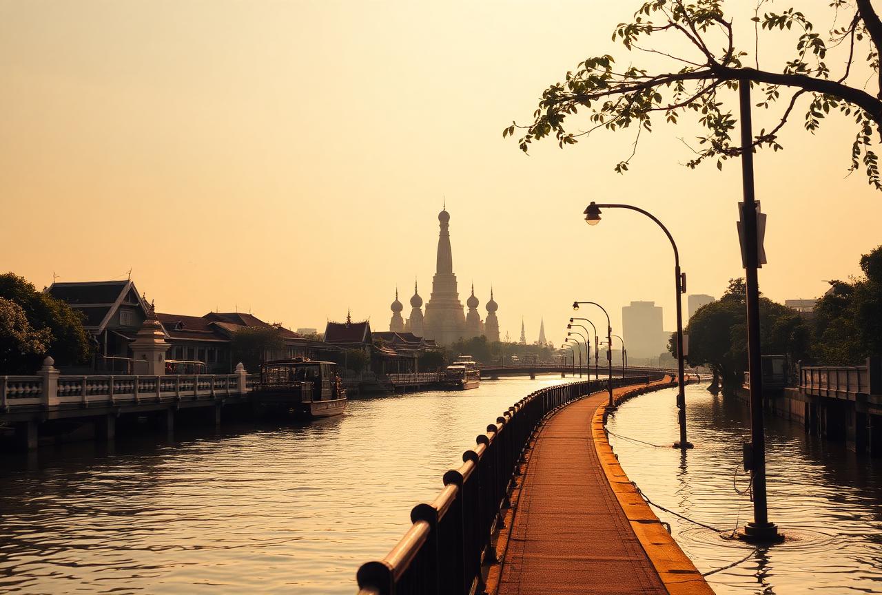 Bangkok riverside and temple spires in hazy April afternoon light