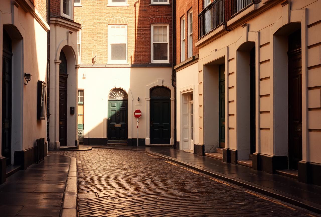 Empty Dublin street of Georgian doorways on a cool March morning