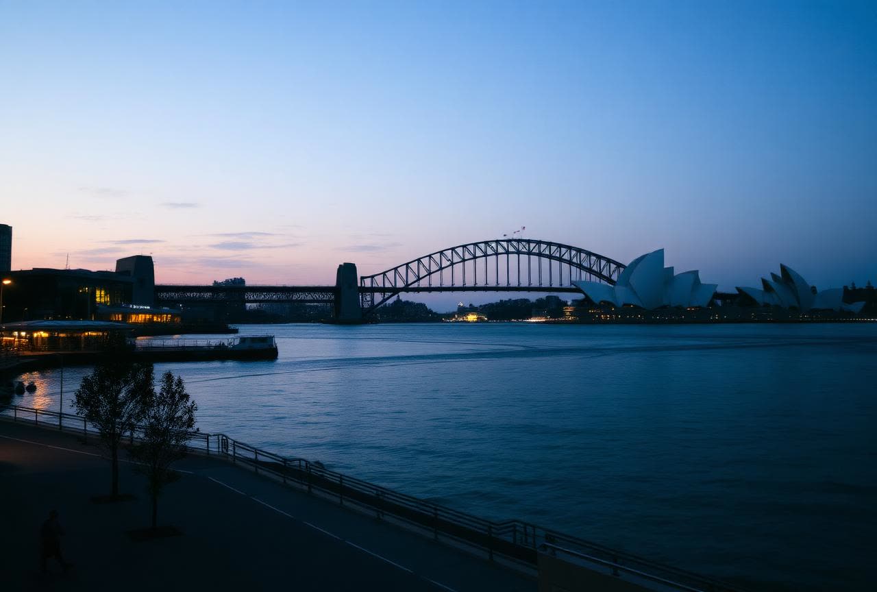 Sydney Harbour at dusk with the bridge and opera house in silhouette