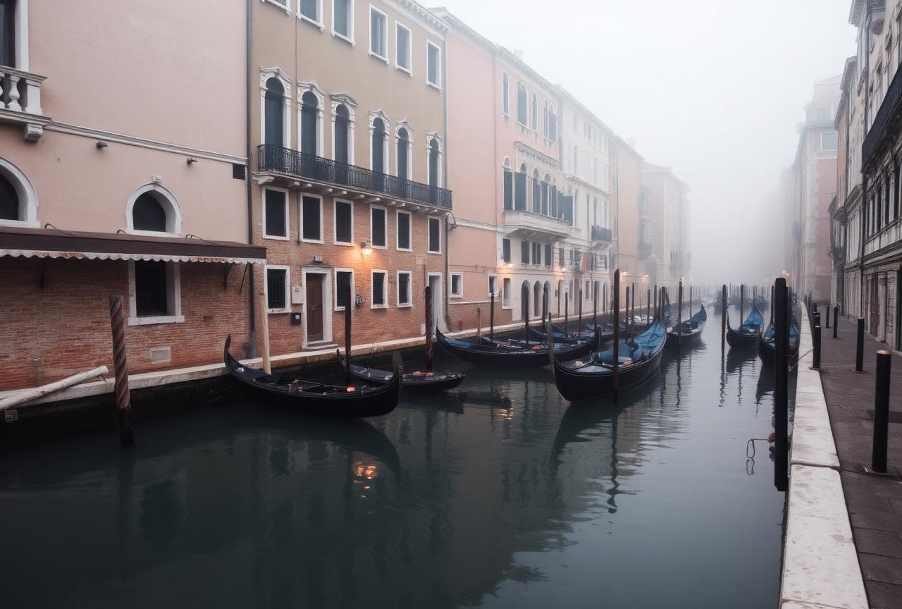 Moored gondolas on a quiet Venetian side canal in winter fog