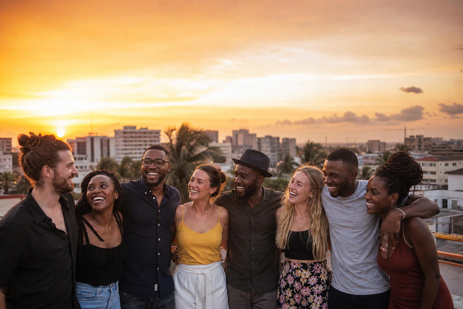 Eight multiracial friends in their mid twenties, arms around each other, laughing on a rooftop terrace in Accra at sunset
