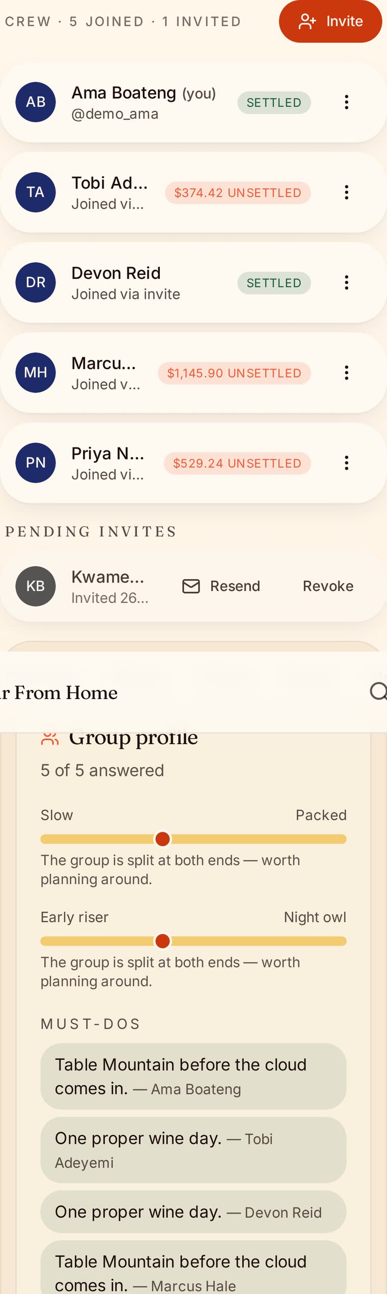 The crew list leading the page: five travellers, each showing whether they are settled or what they still owe, who the organiser is, and one invite still pending.
