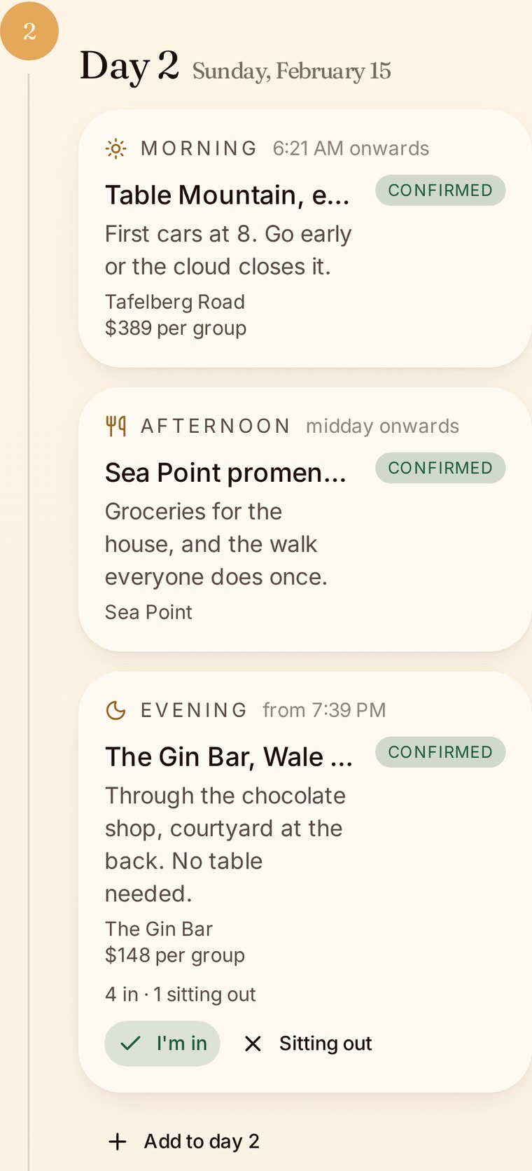 A delivered itinerary day: Table Mountain in the morning, the Sea Point promenade in the afternoon, The Gin Bar in the evening, each confirmed, with a location and a per-group cost.
