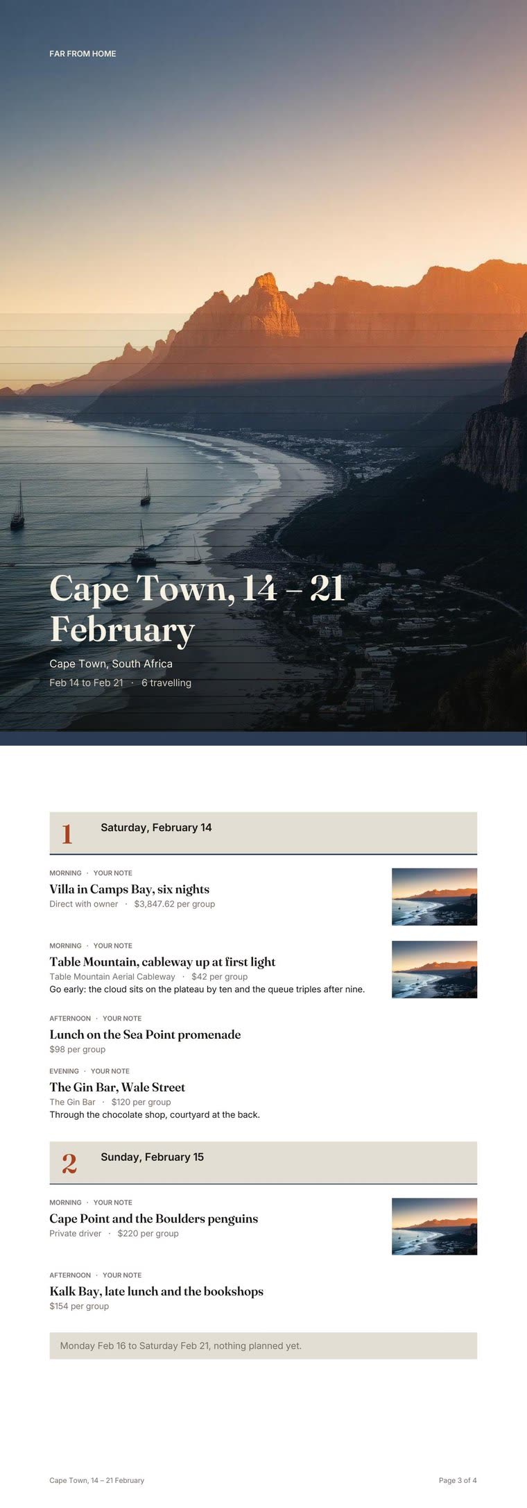 Two pages of a delivered itinerary document: a destination cover reading Cape Town, 14 to 21 February with the dates and headcount, and a day page listing the morning, afternoon and evening of each day with the vendor, the per-group cost, the crew's own notes and a photograph beside each booked item.