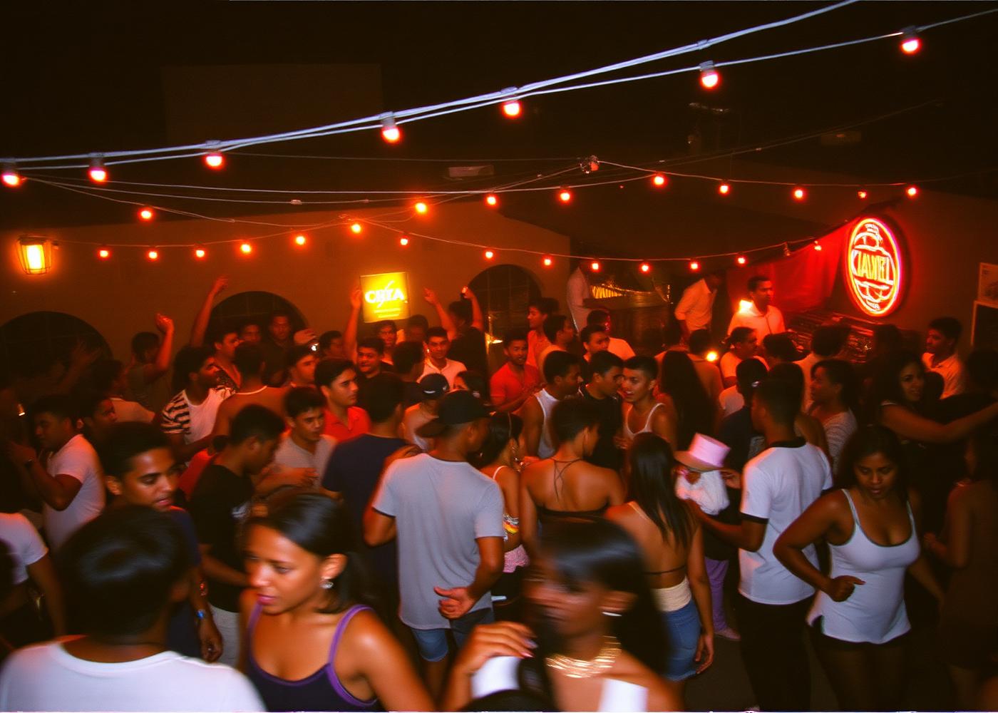 Open air bar courtyard in Accra crowded and glowing under string lights after dark