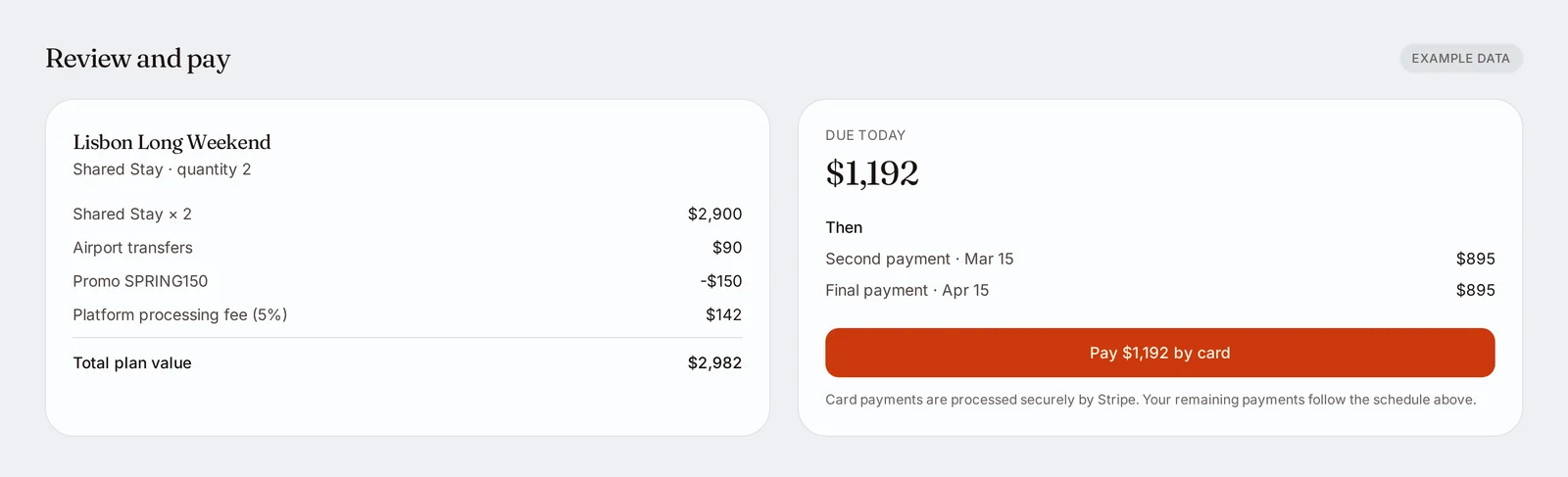 A review and pay screen listing two package places, an add-on, a promo discount and the platform processing fee, with the amount due today and two later installments.