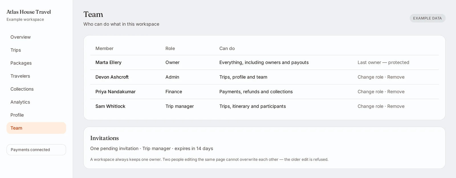 A workspace team list with an owner, admin, finance and trip manager, each showing what they may do, plus a pending invitation and a note that the last owner is protected.